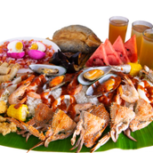 Boodle Set 3 (For 3 to 4 Persons) Fried daing bangus, itlog na maalat, crab, shrimp, mussels, squid, fish fillet, shanghai eggplant, unli rice, iced tea and watermelon.