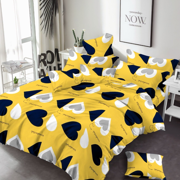 Cozy Fitted Bedsheet Set - Yellow with Heart Prints (1 Bedsheet + 2 Pillowcases)