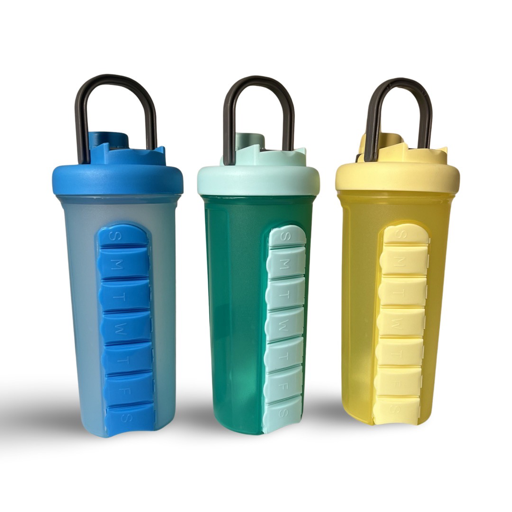 Shaker Bottle 600ml with Storage Compartment and 7 day Medicine Thumb Open Cap Gym Shaker Bottle