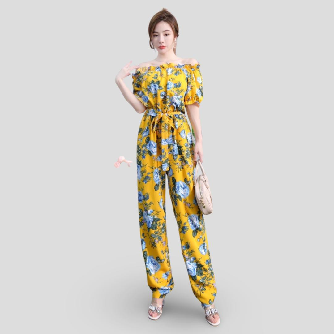 Women's Clothing Summer Printed Jumpsuit Flower Background Girls Pretty Stylish Latest & Fashionable Printed Multicolor Sleeve Crepe Jumpsuit Printed Women Jumpsuit