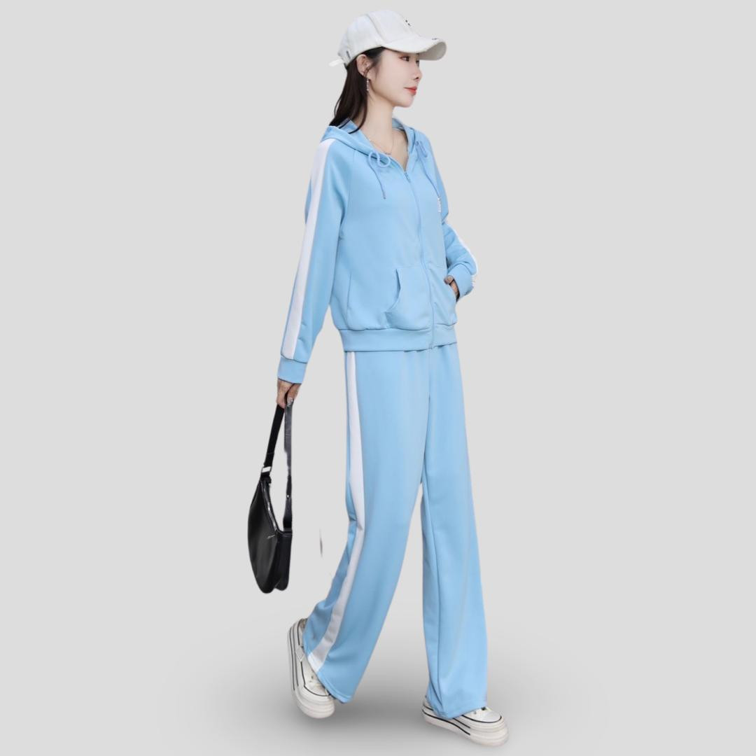 2PCS/Set Women Long Sleeve Hoodie + Ankle-Length Pants Solid, Striped Women Track Suit Two Tone Sleeves Pockets Tracksuit Available in 6 different Colors
