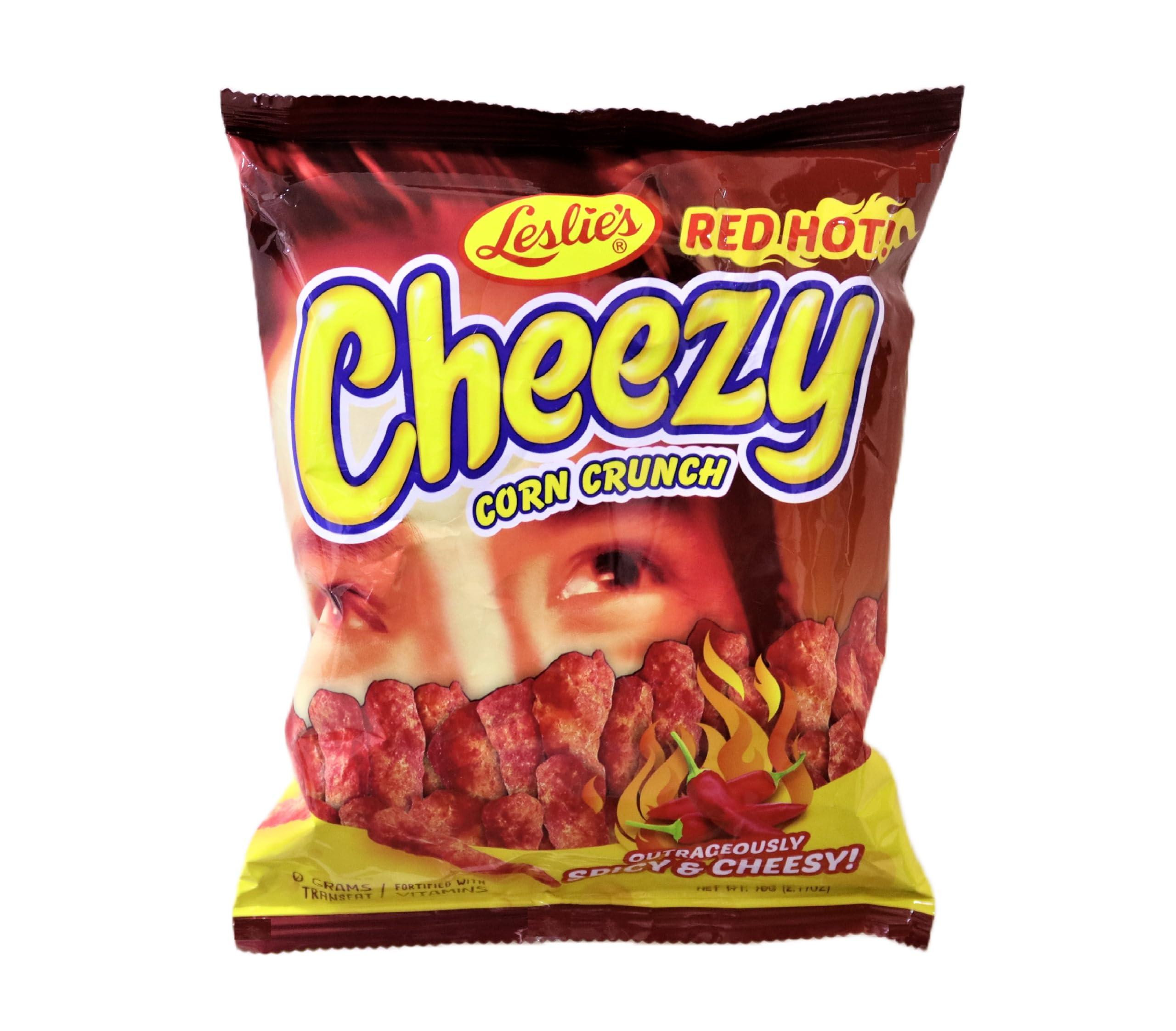 LESLIES CHEESY CORN CRUNCH CHIPS 70GM RED HOT