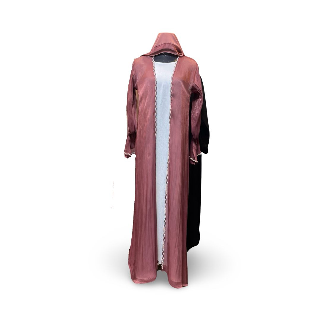 Hot Pink and White Embellished Abaya with Round neck, Hijab and Open two sided Abaya
