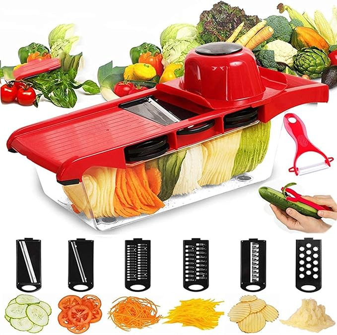 Wallfire Kitchen Mandoline Slicer Vegetable Cutter Potato Vegetable Grater and Food Container with 6 Blades for Fruits and Vegetables