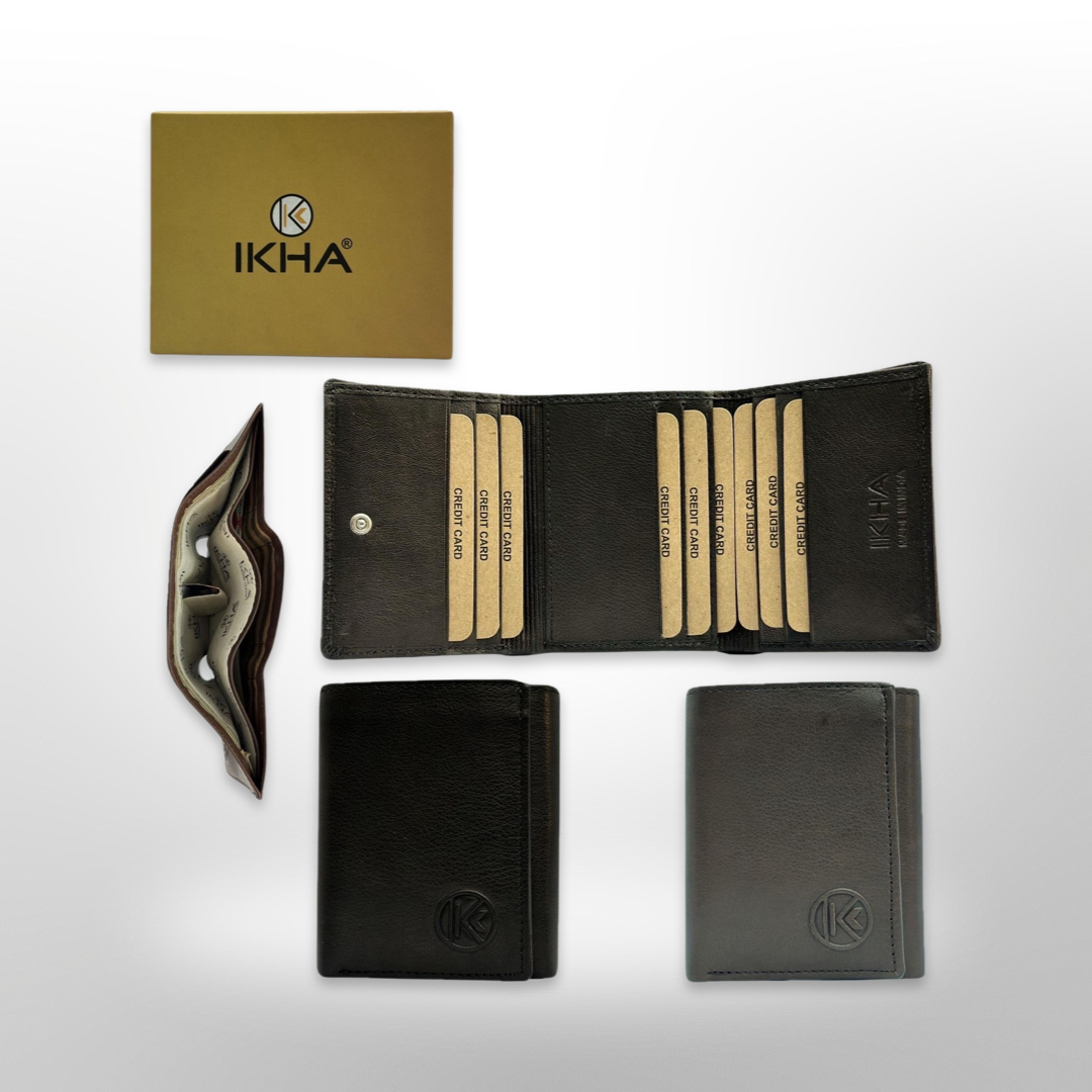 1 Dozen Premium Genuine Men's Leather Tri-fold Flap Wallet Credit Card Wallet - Black and Grey