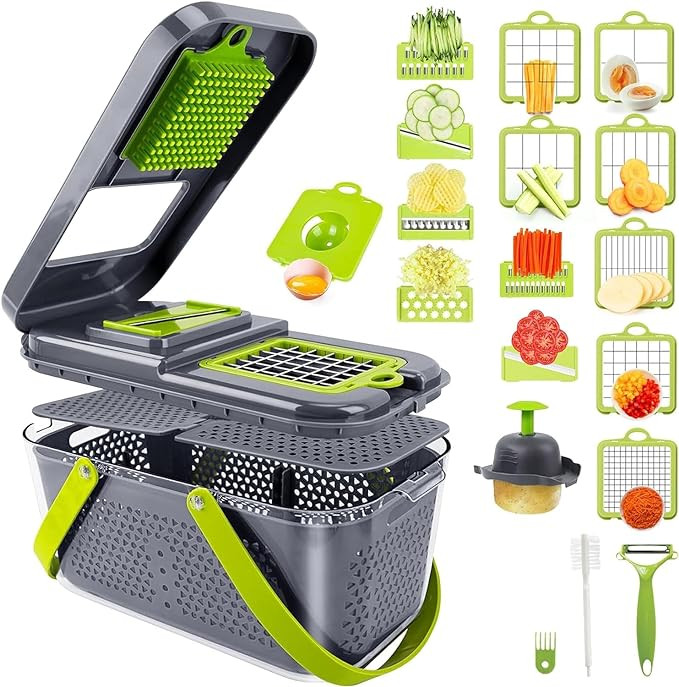 Vegetable Chopper, 22Pcs Multifunctional Food Chopper, Professional Onion Chopper, Fruit Cutter with 13 Stainless Steel Blades, Kitchen Supplies for Cheese Grater, Veggie Slicer with Container