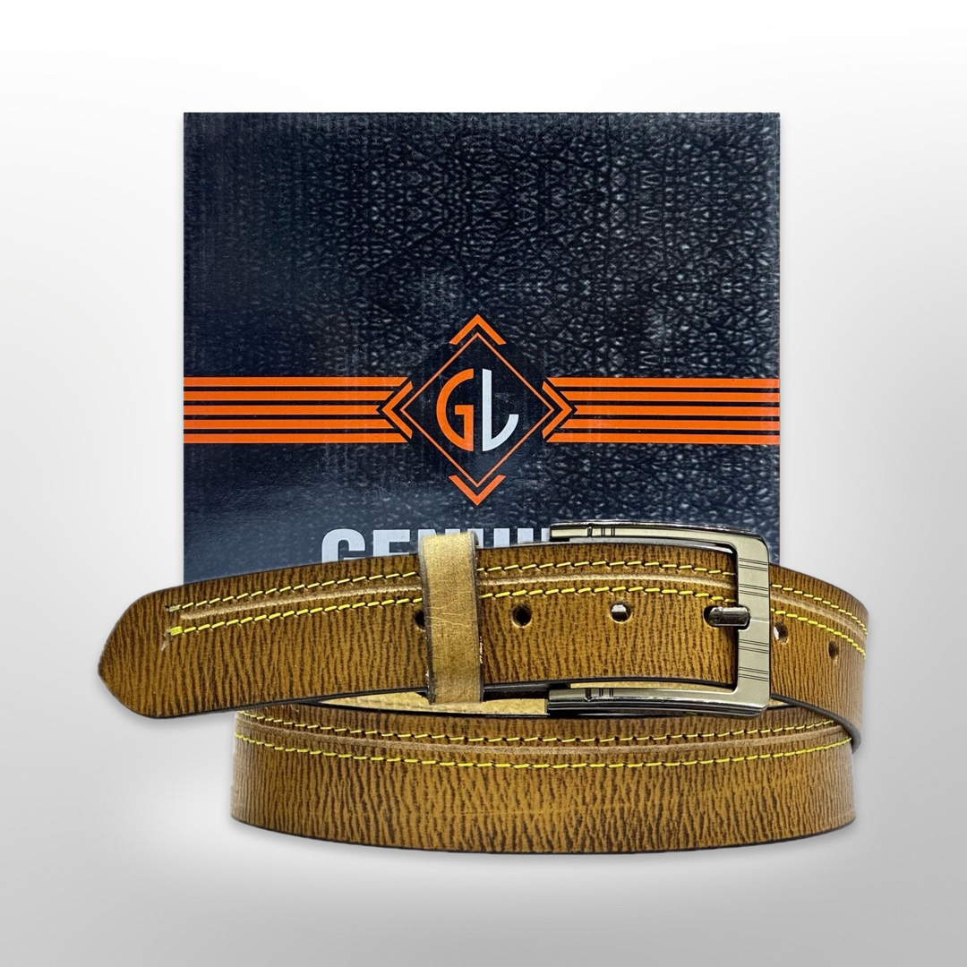 1 Dozen Premium Quality Men's Leather Adjustable Belt Wide, Stylish Belt - Tan with Yellow Design