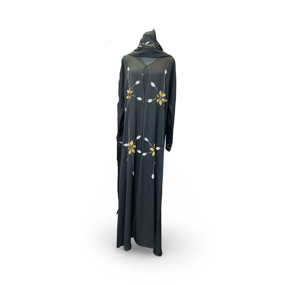 Black Abaya With Beads & Embroidery Details, Comes With A Matching Scarf