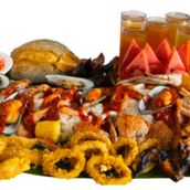 Boodle Set 5 (For 5 to 6 Persons) Fried daing na bangus, itlog na maalat, bulao, crab, shrimp, mussels, squid, fish fillet, shanghai, eggplant, unli rice, iced tea and grilled chicken.