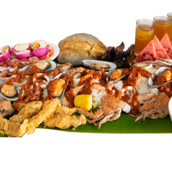 Boodle Set 4 (For 4 to 5 Persons) Fried daing na bangus, itlog na maalat, papaitan, crab, shrimp, mussels, squid, fish fillet, corn, unli rice, iced tea and watermelon.