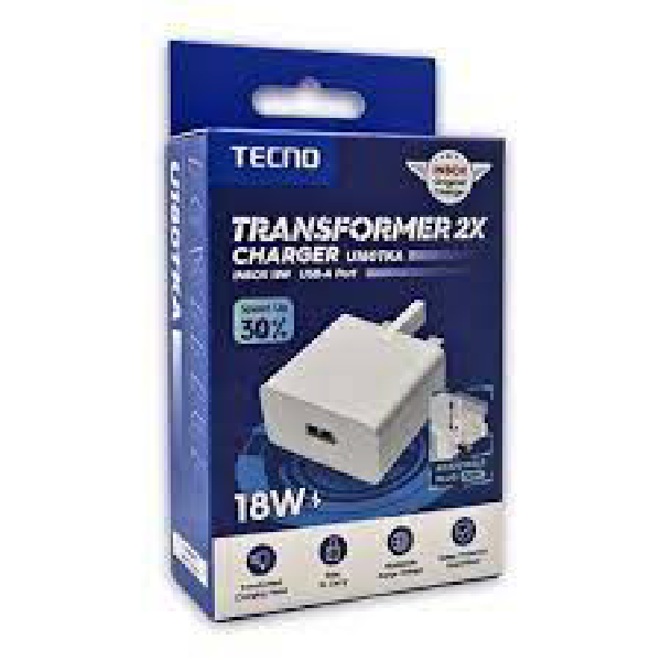 Tecno TRANSFORMER 2X CHARGER U180TKA Genuine Charger EU Plug Gives Super Fast Charging Experience To All Tecno Mobile Phones