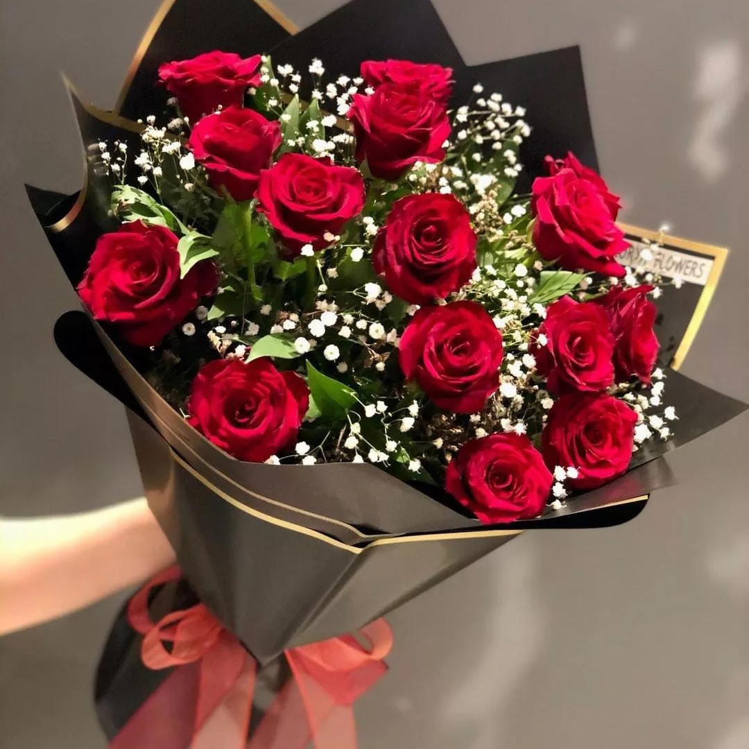 12 Red Roses Bouquet With Gipso