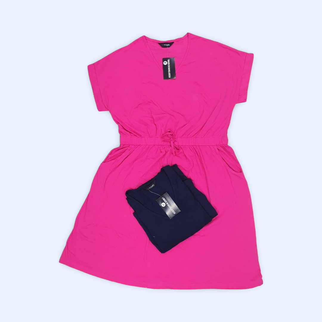 1 Dozen Women's Solid Self Tie Tunic Dress Fuchsia Printed Tie-Front Rib-Knit Dress - Pink, Black
