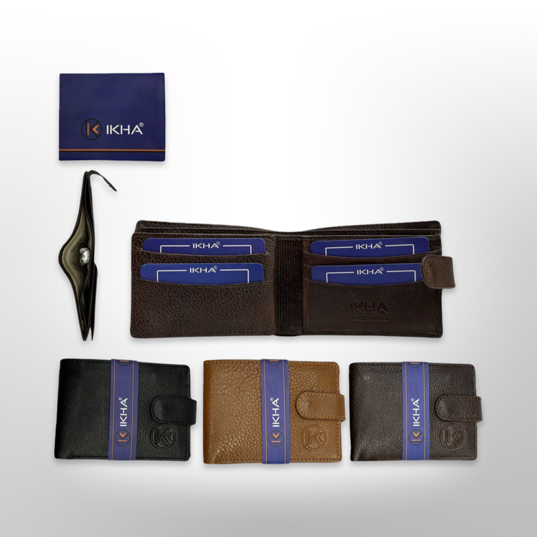 1 Dozen Wallet for Men-Genuine Leather Button Bi-fold Wallet - Black, Camel, Dark Brown
