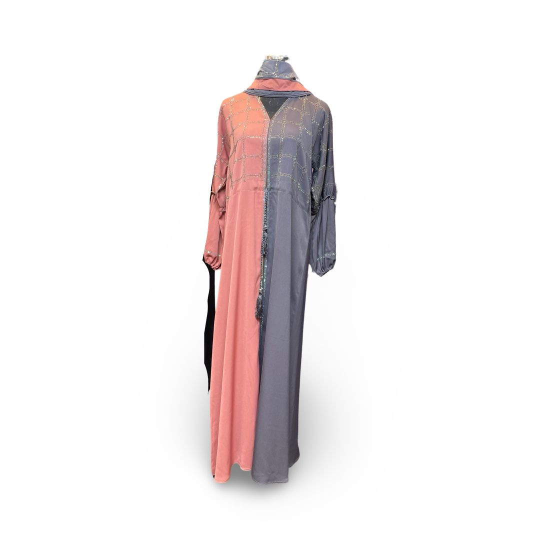 Pink and Grey Abaya with Beading Lace Patchwork embellished abaya with Silver trimming