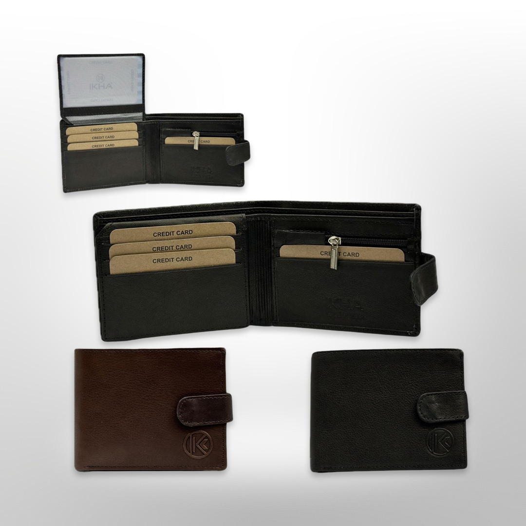 1 Dozen Genuine Leather Wallet for Men Branded Magnetic Bi-Fold with Mini Zip - Black and Dark Brown