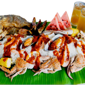 Boodle Set 2 (For 2 to 3 Persons) Fish fillet, fried tilapia, crab, shrimp, mussels, shanghai eggplant, squid, unli rice and iced tea