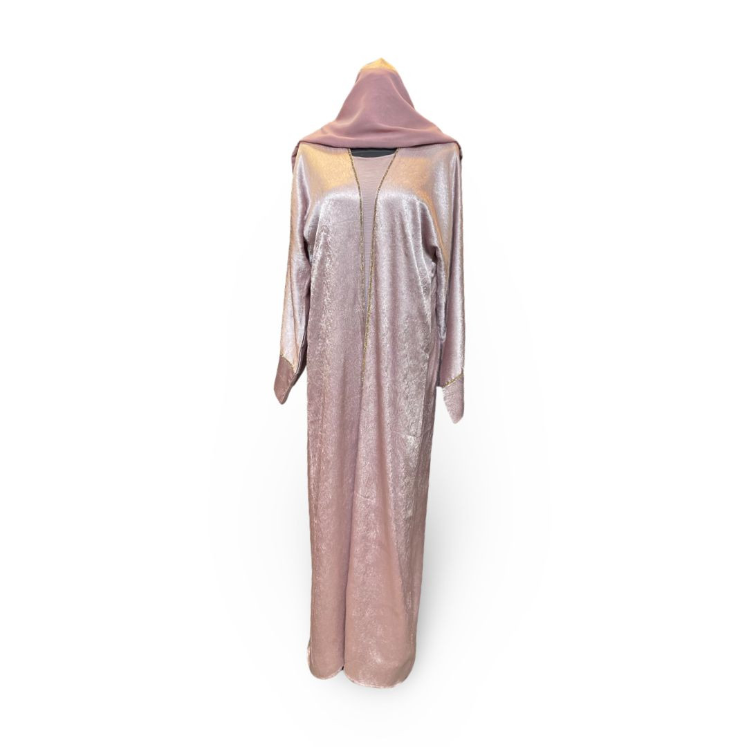Rose Pink Shimmer bisht abaya comes with a Matching scarf