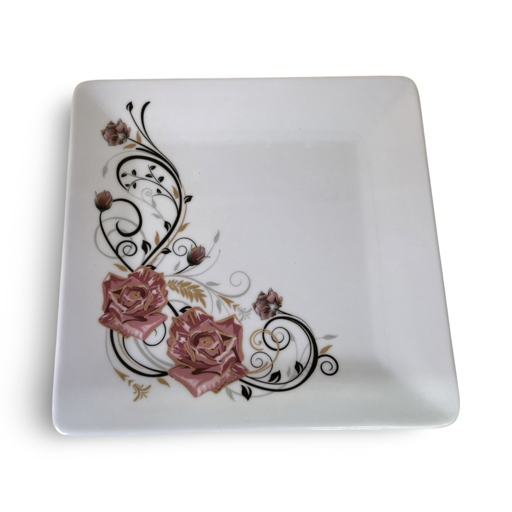 Elegant Square Dinner Plate Black & Pink Pasque Floral Design Decorative Serving High Quality